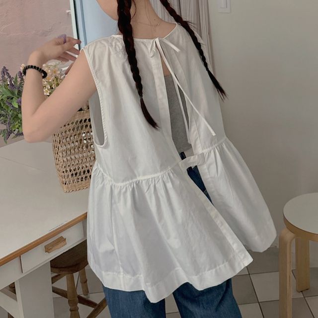 Maisee-Sleeveless Round Neck Plain Backless Top