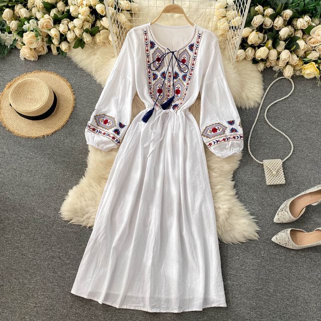 Prieney - Long-Sleeve Round Neck Embroidered Tassel Midi A-Line Dress |  YesStyle