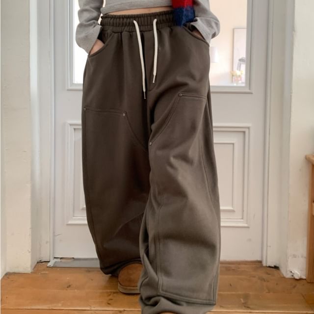 PINPI-Drawstring Waist Plain Baggy Sweatpants