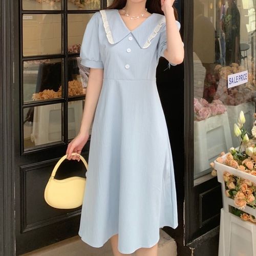 Luna Rouge - Short-Sleeve Peter Pan Collar A-Line Midi Dress