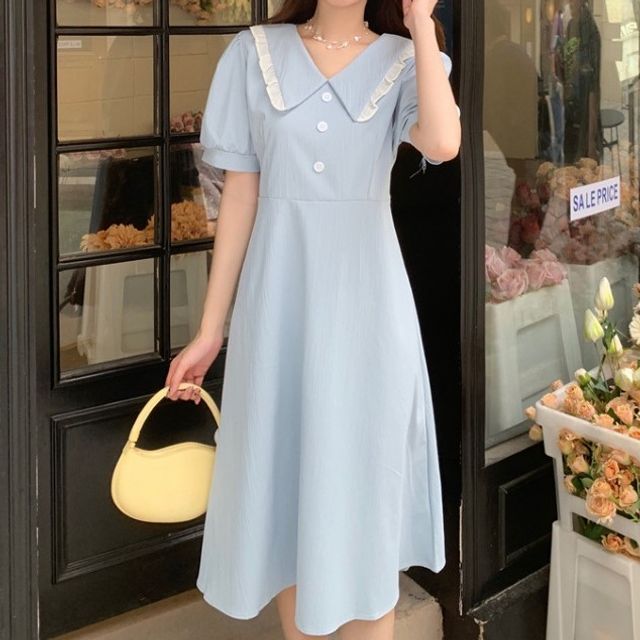 Luna Rouge - Short-Sleeve Peter Pan Collar A-Line Midi Dress