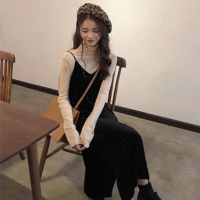 Whoosh Long-Sleeve Turtle-Neck T-Shirt Spaghetti Strap Midi