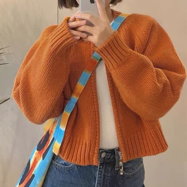 Shinsei-Crew Neck Plain Zip Cardigan