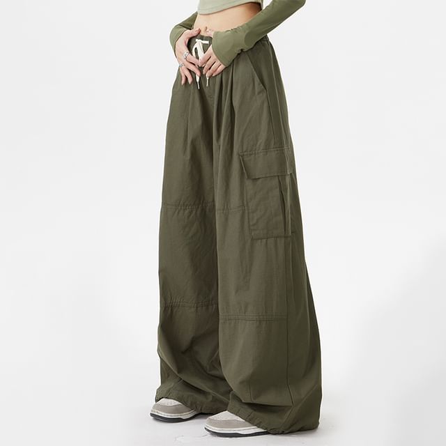 2DAWGS-Drawstring Waist Plain Wide Leg Cargo Parachute Pants