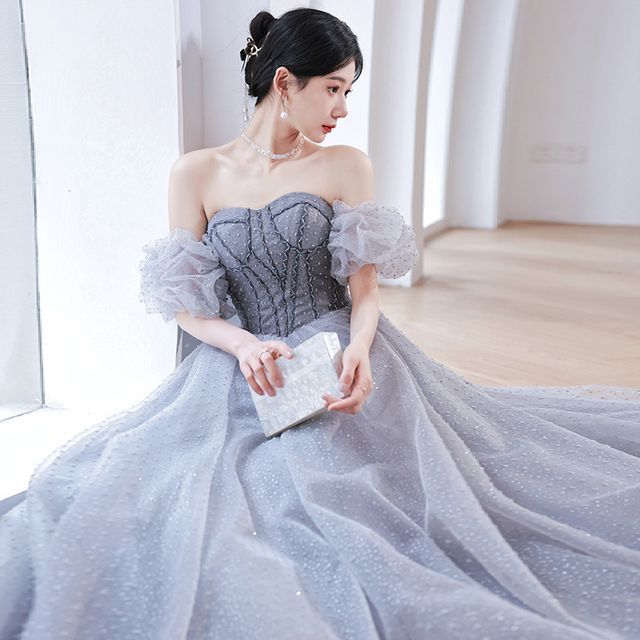 Off-Shoulder Dotted Mesh Prom Dress