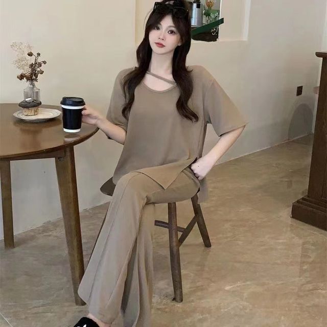 Everose-Set Elbow-Sleeve U-Neck Plain T-Shirt Flared Pants