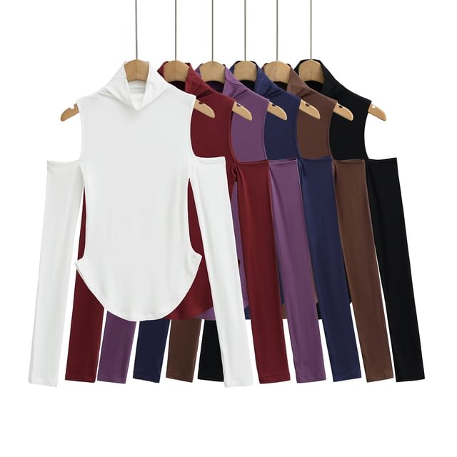 Asiris-Cold-Shoulder Long-Sleeve High Neck Plain Tee