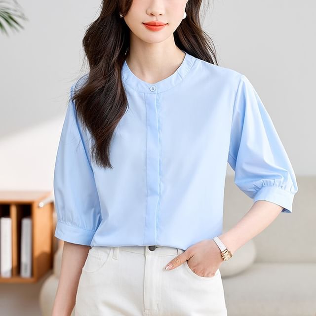 Lewwe-Elbow Sleeve Round Neck Plain Blouse