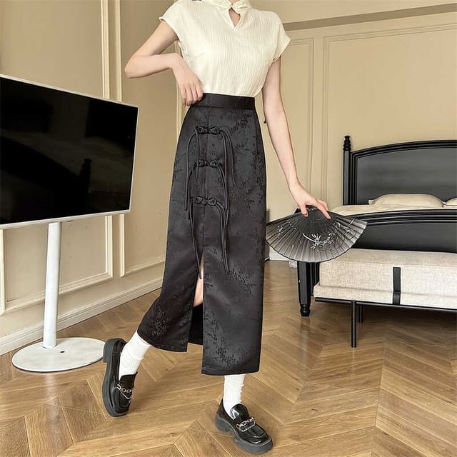 Dandijoy High Waistline Floral Side Slit Midi Skirt YesStyle