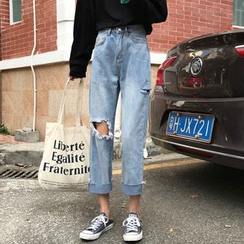 Mikiko - Distressed Cropped Straight-Cut Jeans Mikiko - Distressed Cropped Straight-Cut Jeans