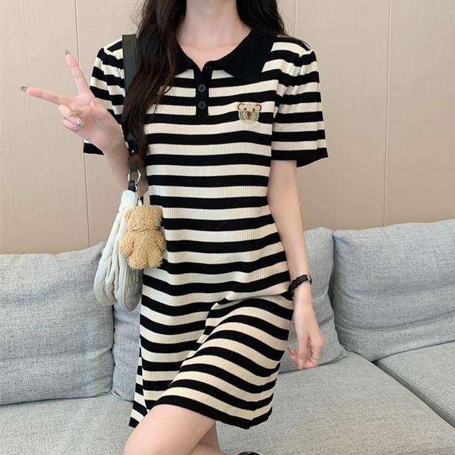 Elbelier - Short Sleeve Striped Polo Collar Knit A-Line Mini Dress |  YesStyle