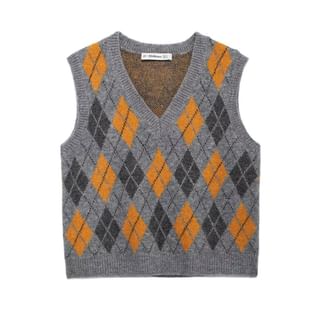 Susaine V-Neck Argyle Print Knit Sweater Vest Sale