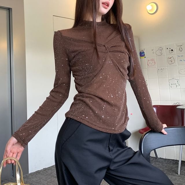 Allinya-Long-Sleeve Mock Neck Glitter Mesh Top