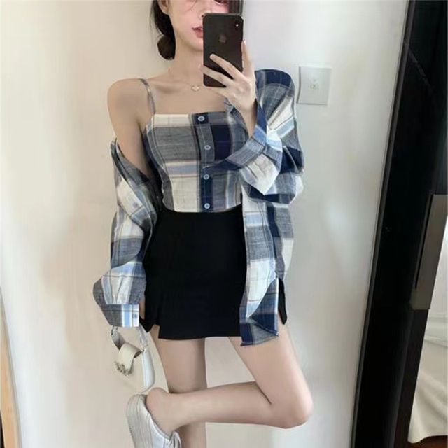 Everose-Set Plaid Shirt Cropped Cami Top