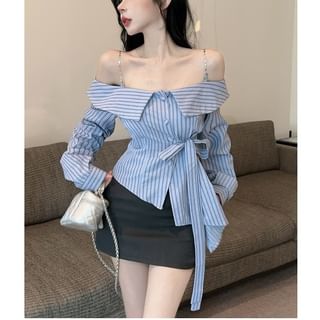 Whoosh-Cold Shoulder Long Sleeve Striped Crop Blouse