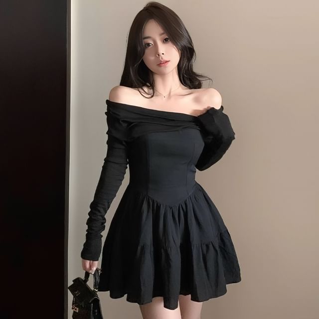 PERKARP-Long Sleeve Off Shoulder Plain Gathered Panel Mini A-Line Dress