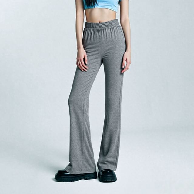 Asiris-Elastic Waist Plain Ribbed Bootcut Pants