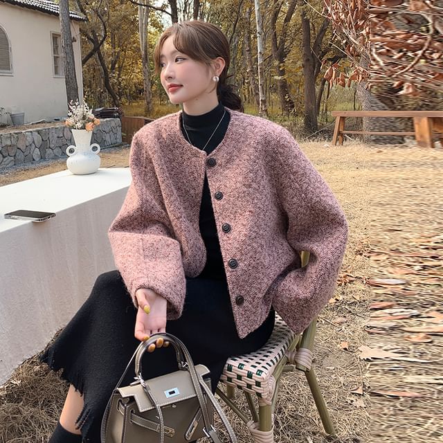 Tzarkozy-V-Neck Tweed Button-Up Jacket