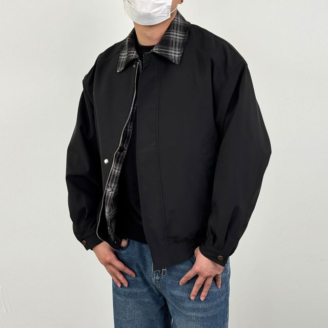 DragonRoad-Mock Two-Piece Collared Plaid Panel Zip-Up Jacket