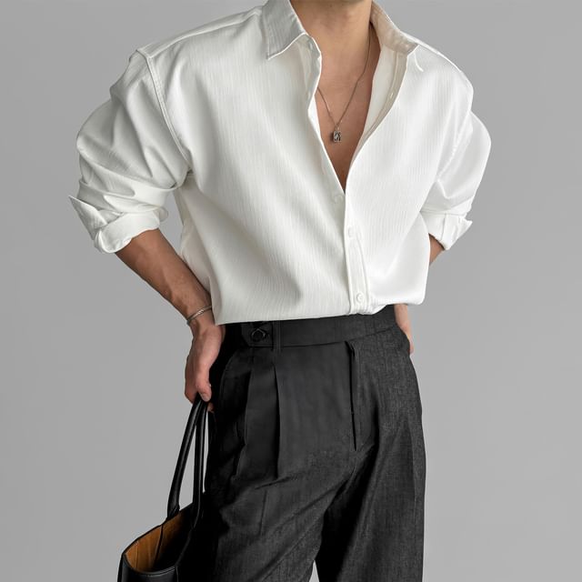 mopagrati-Long-Sleeve Button-Up Plain Shirt