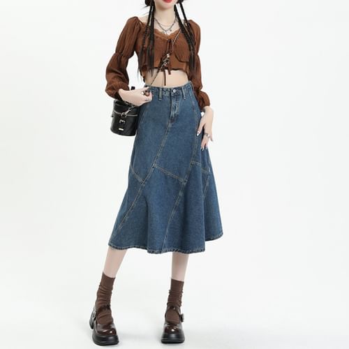 Shinsei High Rise Denim Midi A-Line Skirt YesStyle