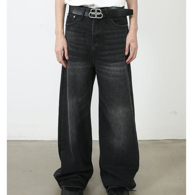 pinkdropper-High Waist Washed Wide Leg Jeans