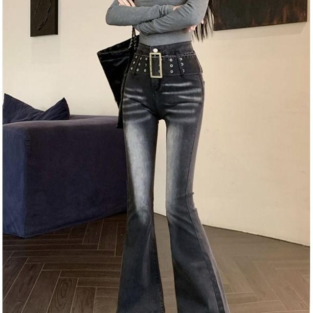 Ukiyo-High Rise Belted Washed Flared Jeans
