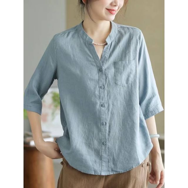 Lewwe-34-Sleeve Mandarin Collar Plain Shirt