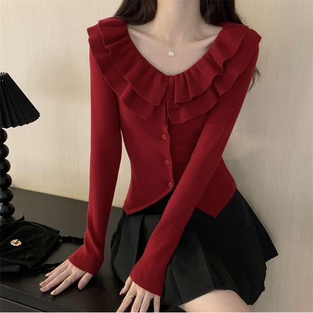 Sienne-V-Neck Ruffle Cardigan