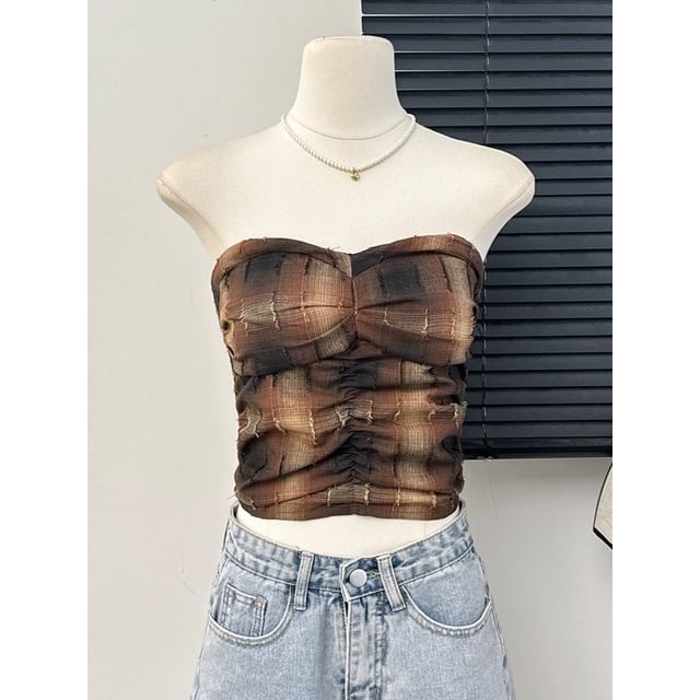 Lemongrass-Plaid Ruched Tube Top