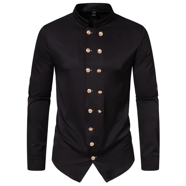 YIKES-Long-Sleeve Stand Collar Plain Shirt