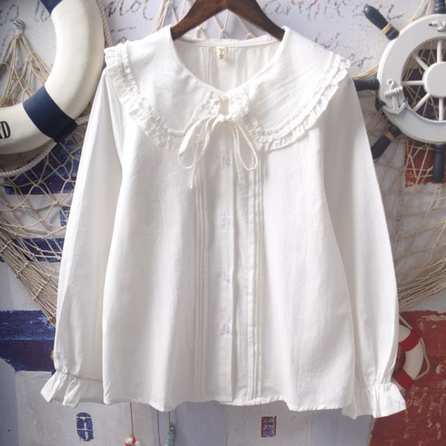 Suzette-Long-Sleeve Peter Pan Collar Frill Trim Pintuck Button-Up Plain Blouse