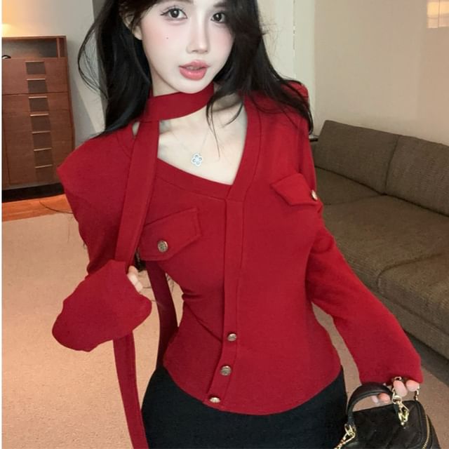 Whoosh-Long-Sleeve V-Neck Plain Knit Top