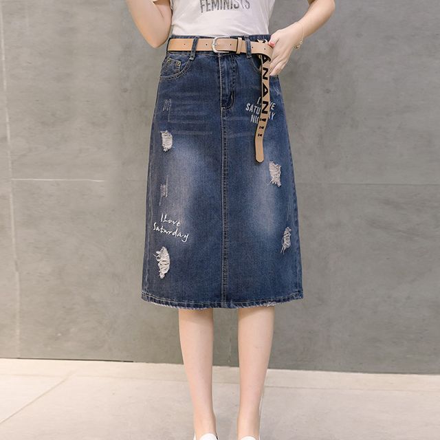 Meowko - Distressed Denim Skirt / Belt 