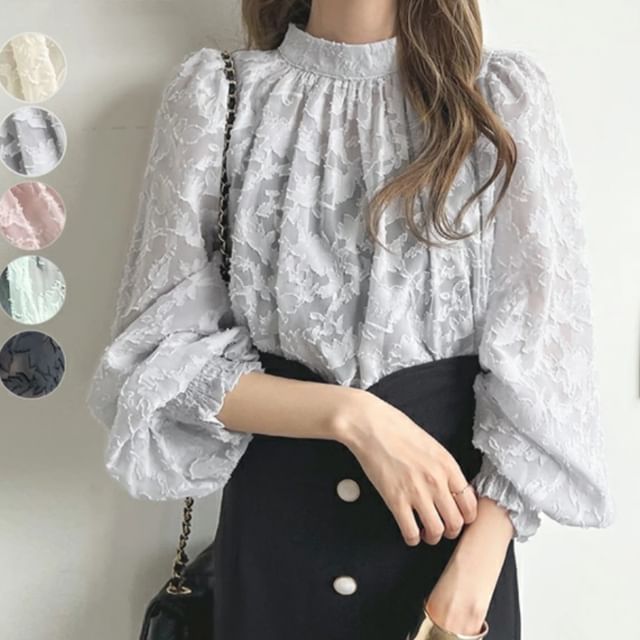 Lewwe-Long Sleeve Stand Collar Jacquard Blouse