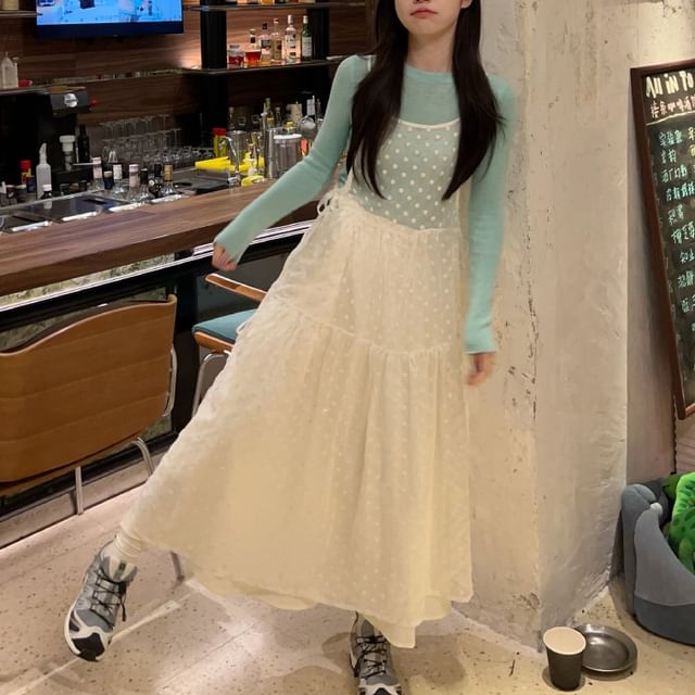 Trendycas-Long-Sleeve Round Neck Plain Tee Spaghetti Strap Sheer Dotted Midi A-Line Dress High Rise Plain Maxi A-Line Skirt