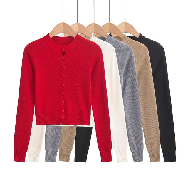 Hollahop-Round Neck Plain Cardigan