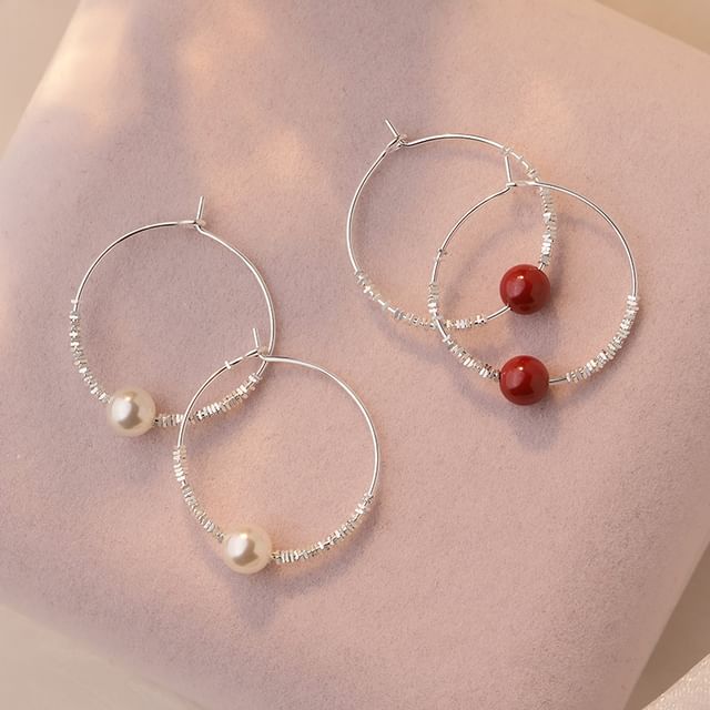 FOON-925 Sterling Silver Bead Hoop Earring