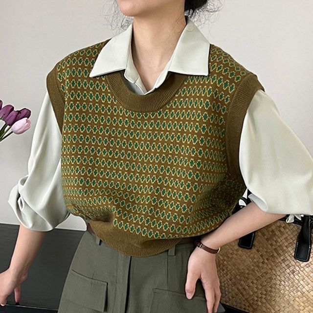 Keiko Girl-Round Neck Patterned Sweater Vest