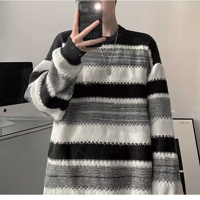 Bay Go Mall-Crew Neck Color Block Sweater