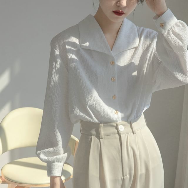 Jaqmine-Long-Sleeve Collared Button-Up Plain Blouse