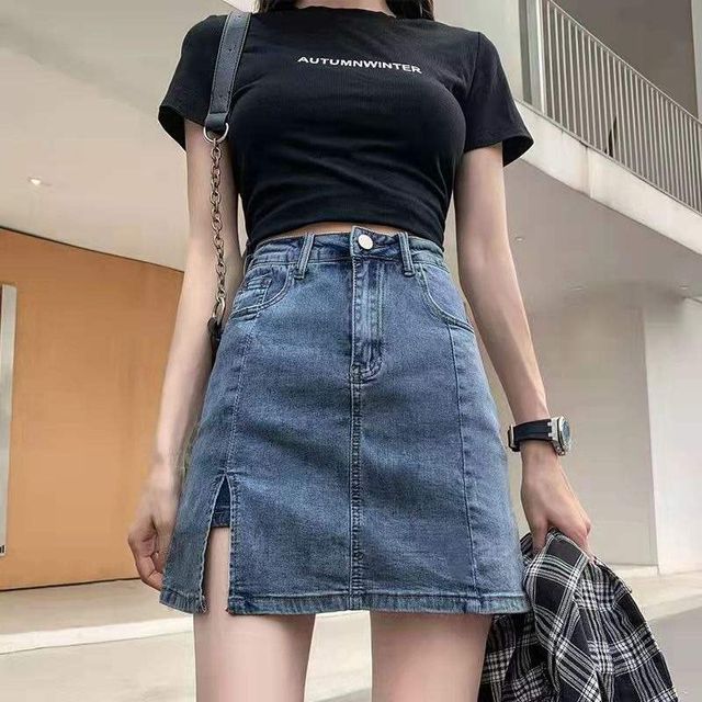 Mikiko-Jupe-short taille haute en denim délavé