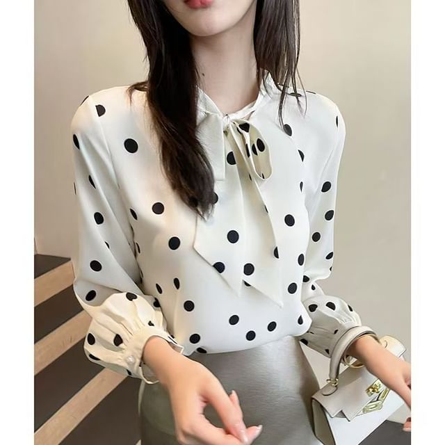 Everose-Long-Sleeve Tie Neck Dotted Blouse