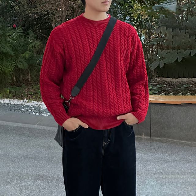 Okwano-Drop Shoulder Crew Neck Plain Cable Knit Sweater