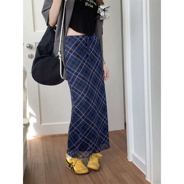 monroll - Mid Waist Plaid Maxi A-Line Skirt | YesStyle