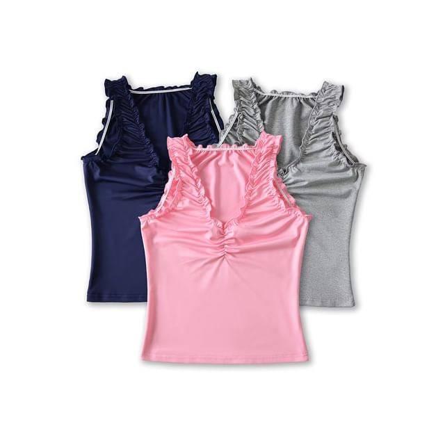 JVL-V-Neck Plain Ruched Tank Top