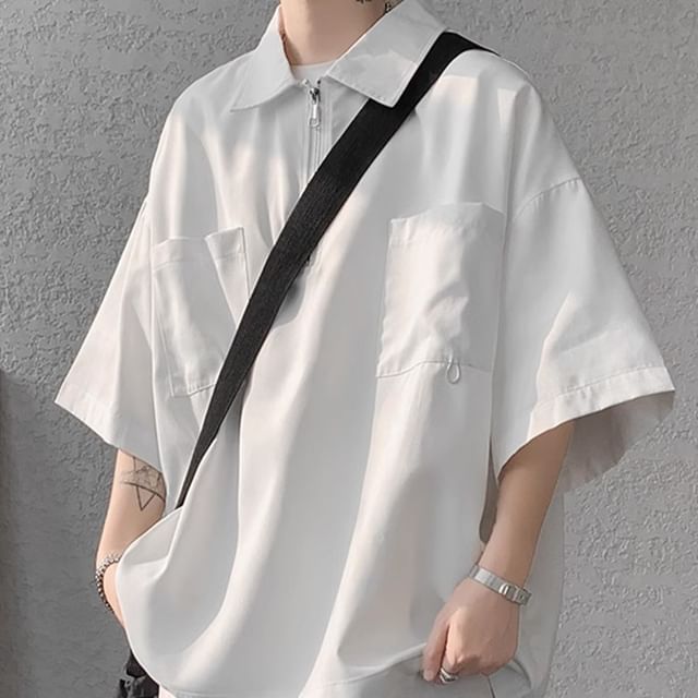emeisa-34-Sleeve Half Zip Plain Cargo Shirt