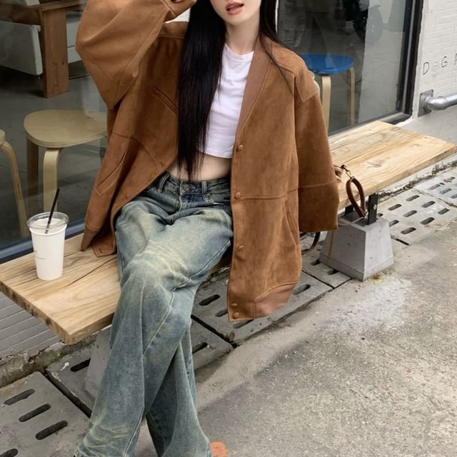 Beem-V-Neck Plain Panel Faux Suede Button Jacket
