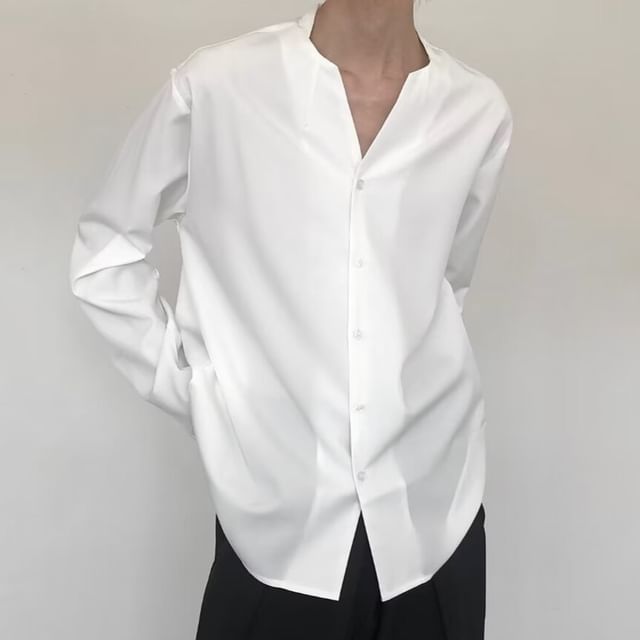 Sinlarity-Long-Sleeve V-Neck Plain Shirt