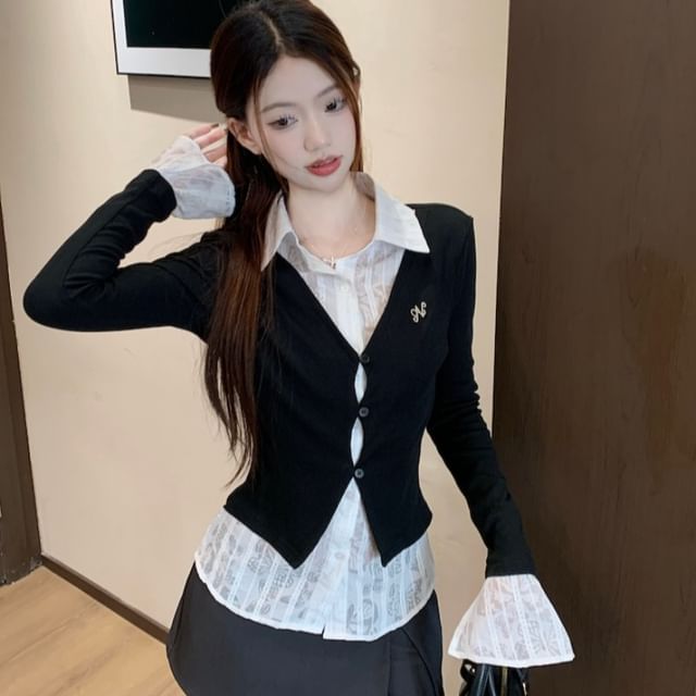 Whoosh-Mock Two-Piece Two-Tone Flared-Cuff Button-Up Shirt